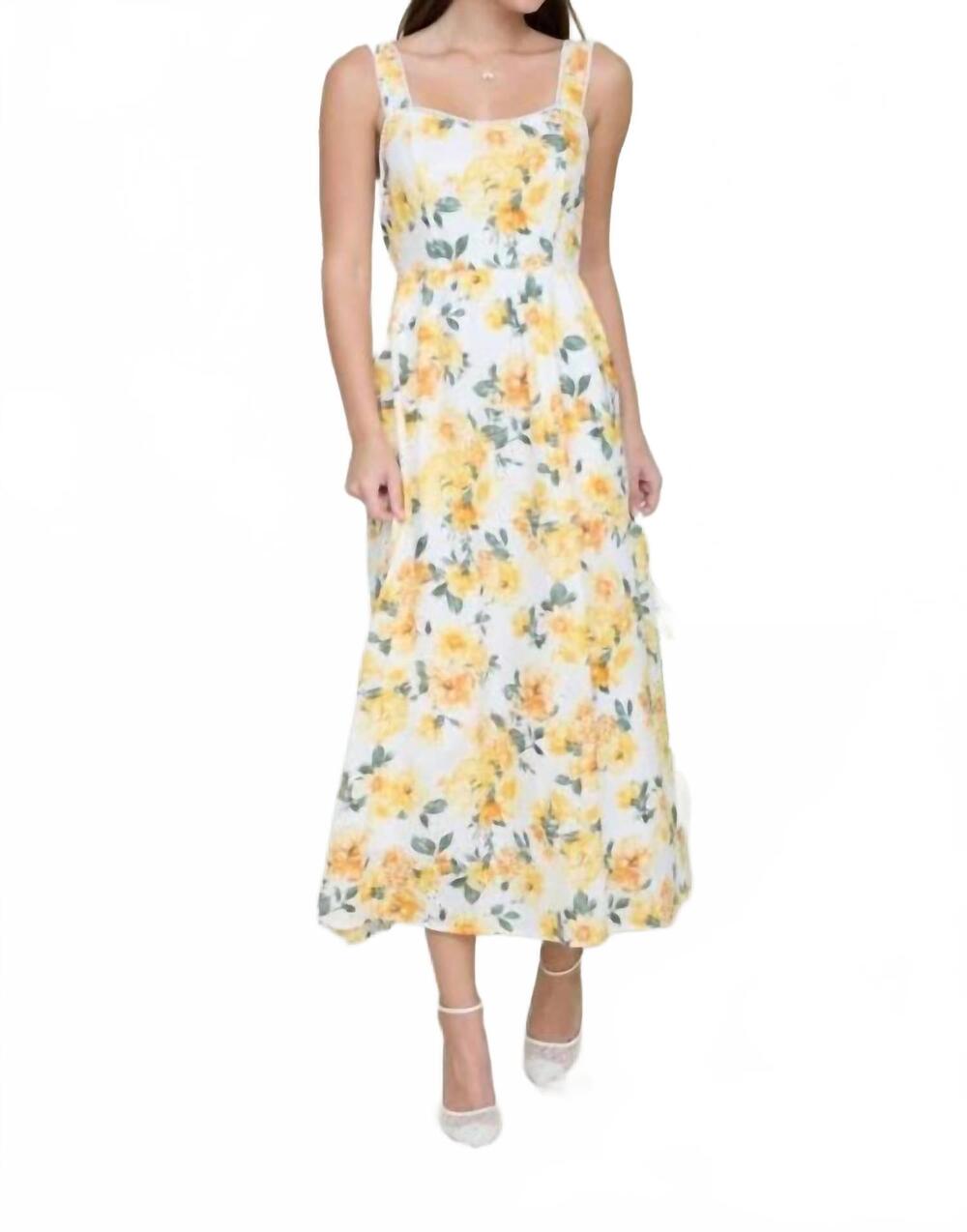NEW BLU PEPPER floral eyelet pattern scallop lace trim midi dress in yellow